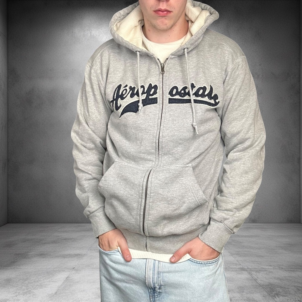 Aeropostale Vintage Y2K Heather Grey Thermal Lined Zip Up Hoodie Mens Small